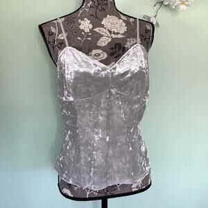 Candie’s Crushed Velvet Tank Top Cami Silver Gray Sweetheart V Neck Paneled NYE
